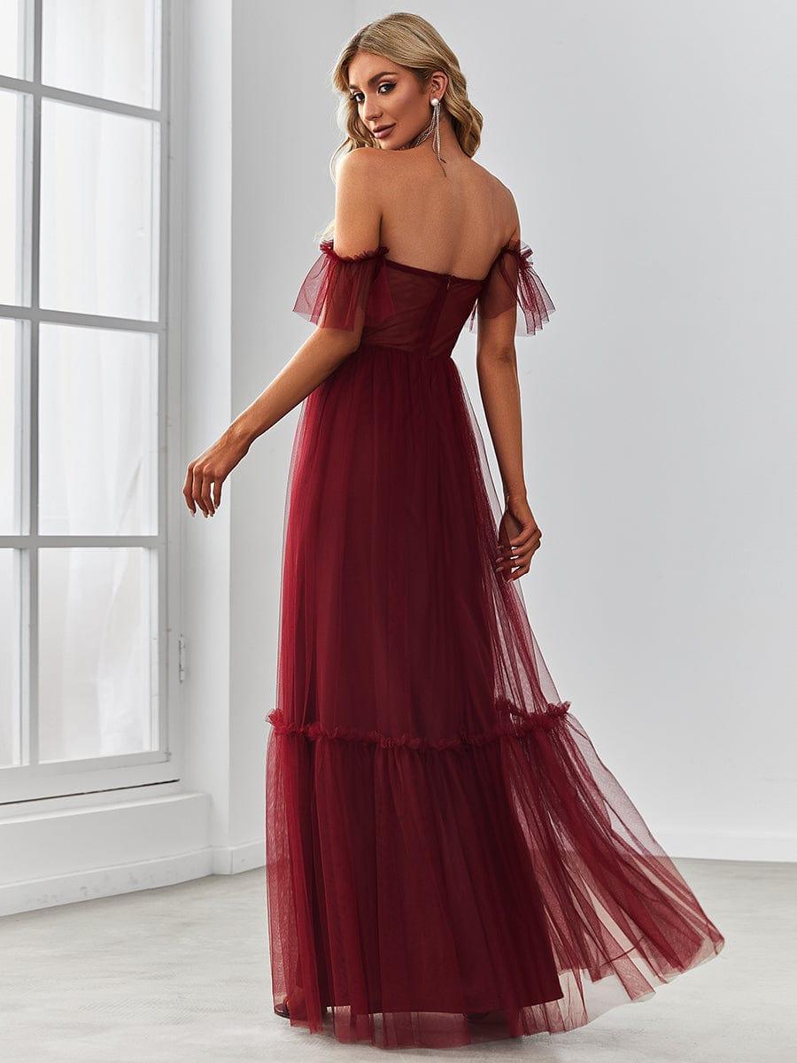 Off the Shoulder Sweetheart Pleated Tulle Evening Dress #color_Burgundy