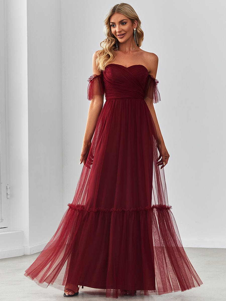 Off the Shoulder Sweetheart Pleated Tulle Evening Dress #color_Burgundy