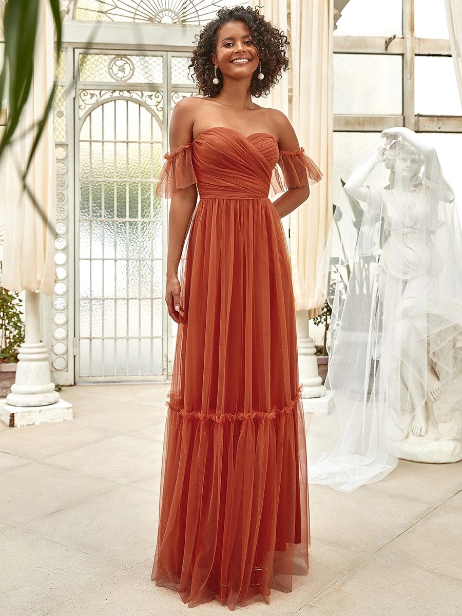Off the Shoulder Sweetheart Pleated Tulle Evening Dress #color_Burnt Orange