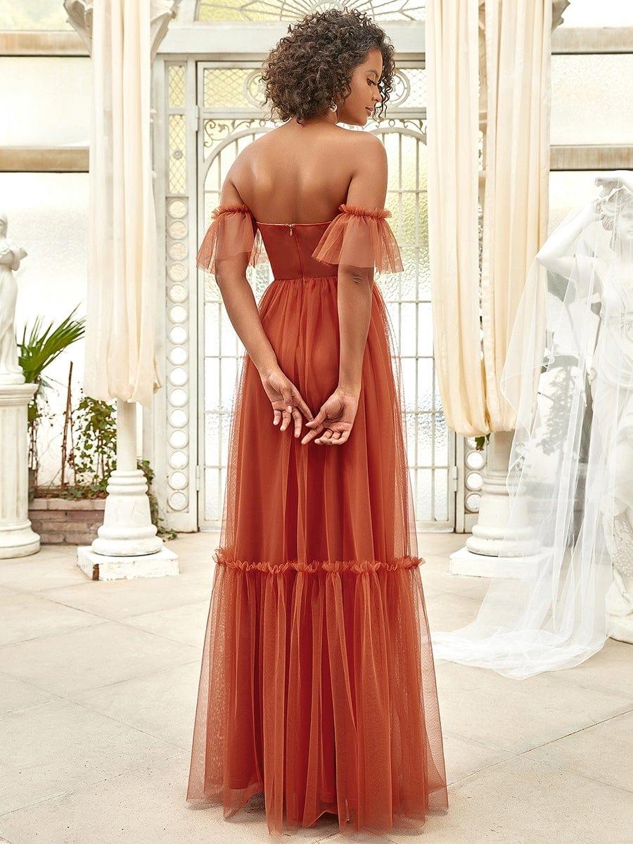 Off the Shoulder Sweetheart Pleated Tulle Evening Dress #color_Burnt Orange