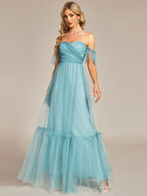 Off the Shoulder Sweetheart Pleated Tulle Evening Dress #color_Dusty Blue