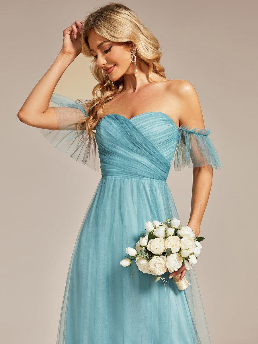 Off the Shoulder Sweetheart Pleated Tulle Evening Dress #color_Light Teal