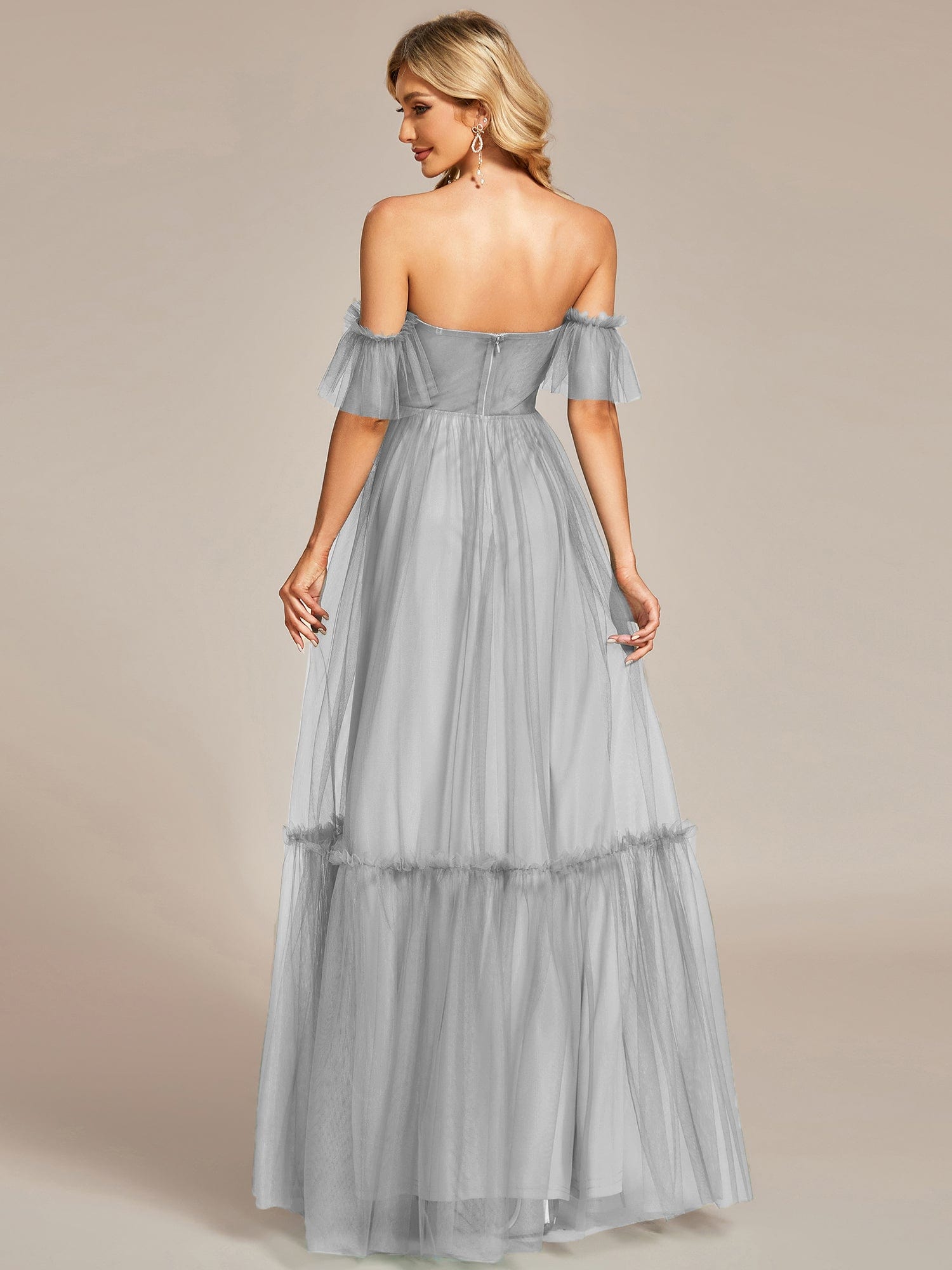 Custom Size Off the Shoulder Sweetheart Pleated Tulle Evening Dress #color_Grey