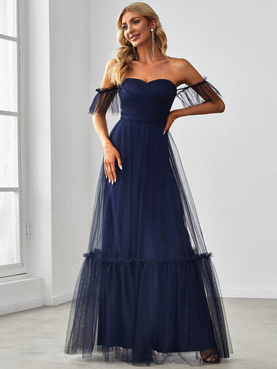 Off the Shoulder Sweetheart Pleated Tulle Evening Dress #color_Navy Blue