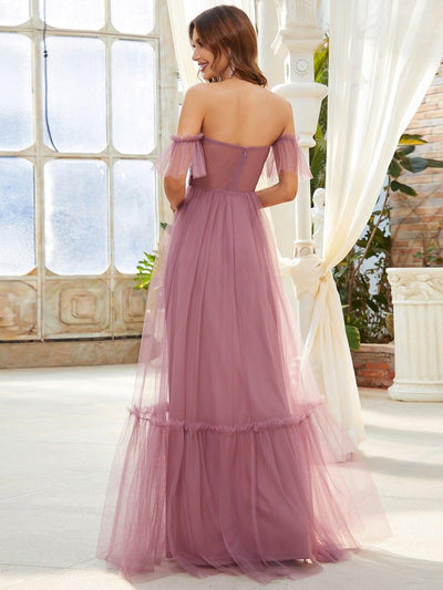 Off the Shoulder Sweetheart Pleated Tulle Evening Dress #color_Purple Orchid