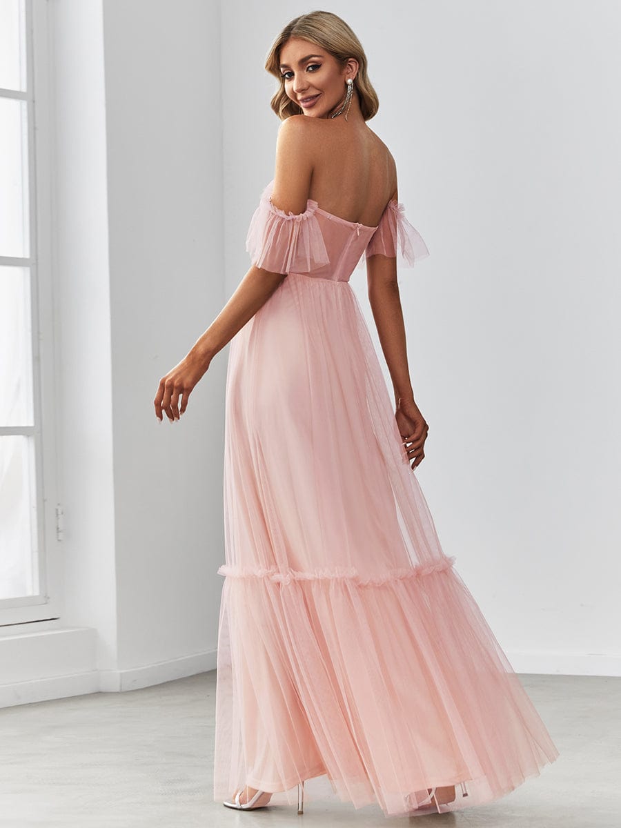 Off the Shoulder Sweetheart Pleated Tulle Evening Dress #color_Pink