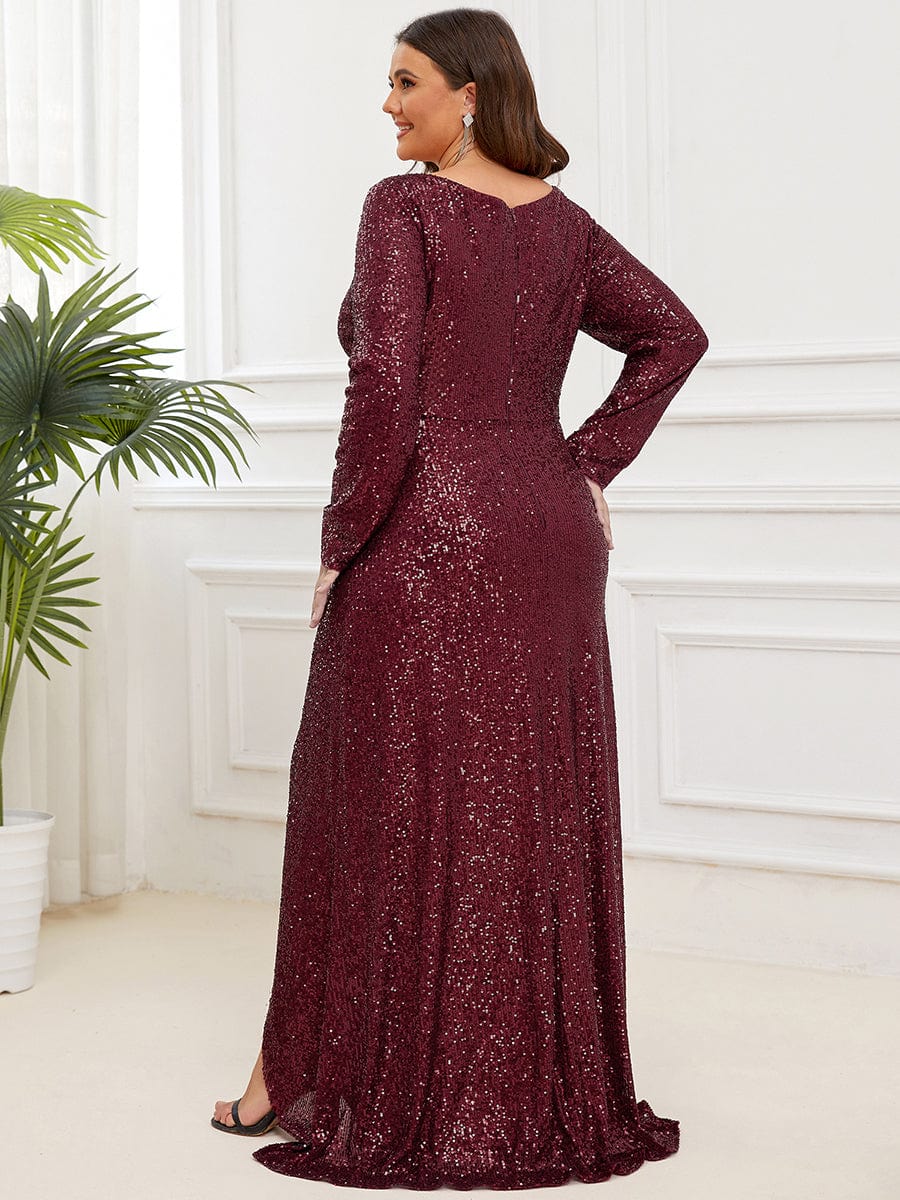 Custom Size Sequin V-neck long Sleeve Evening Dress #color_Burgundy