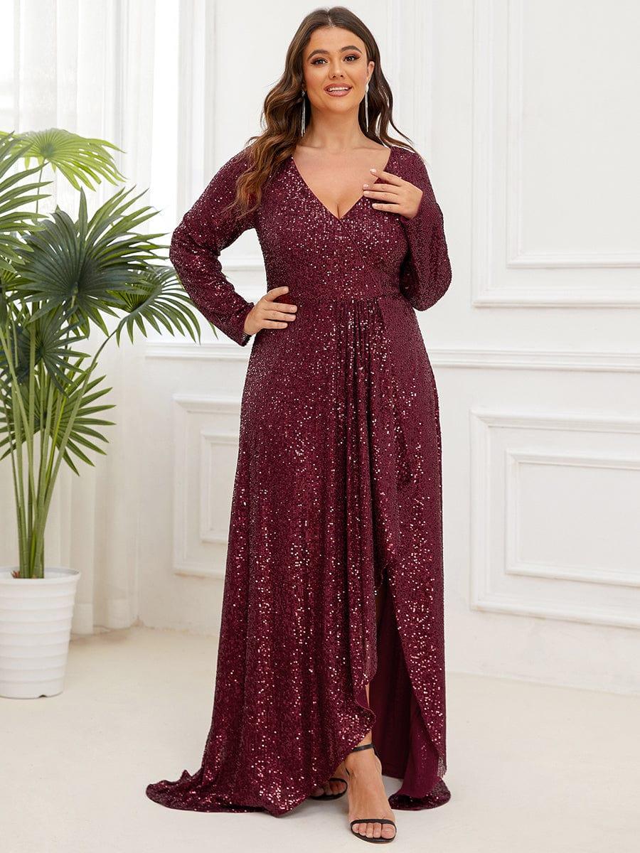 Custom Size Sequin V-neck long Sleeve Evening Dress #color_Burgundy