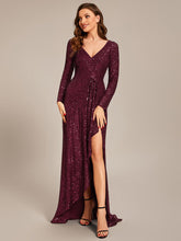 Long Sleeve V-neck Asymmetrical Hem Sequin Evening Dress #color_Burgundy