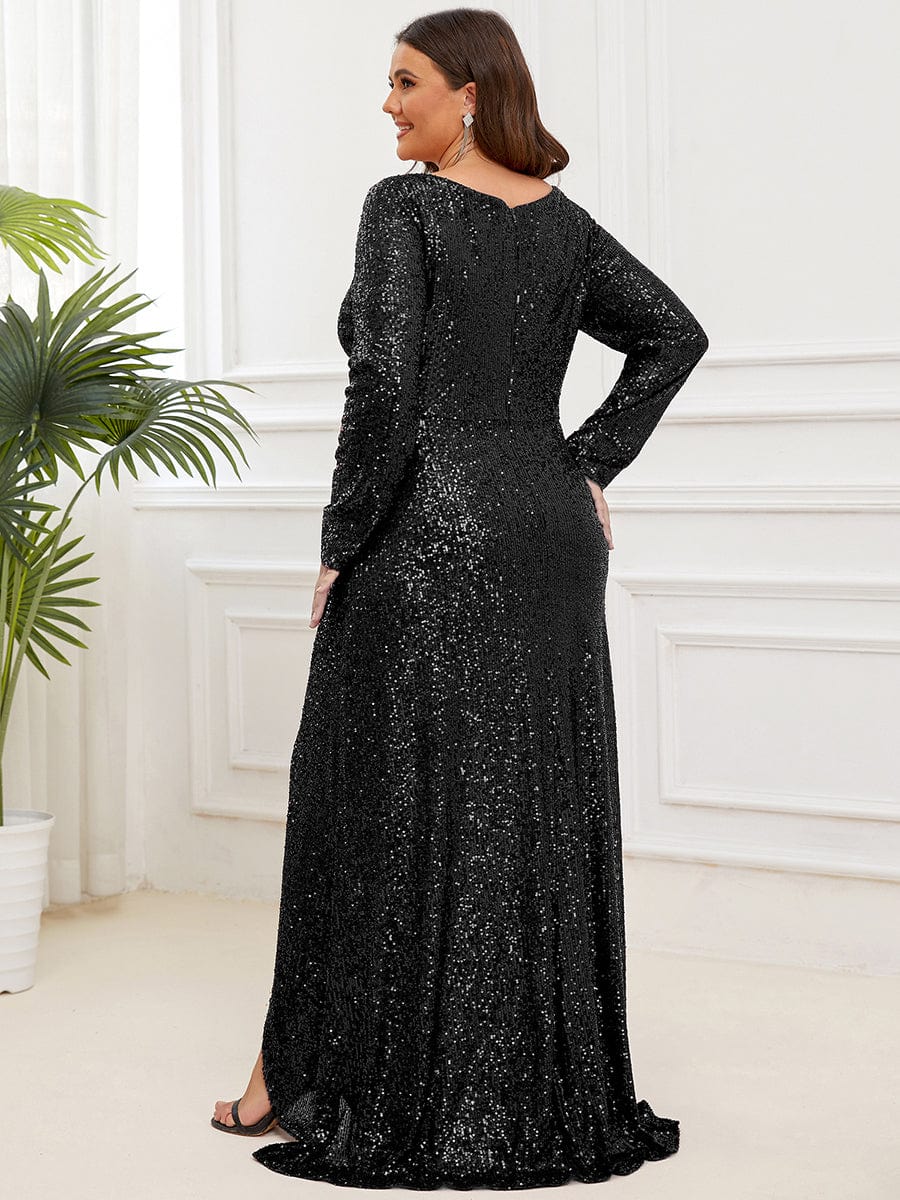 Custom Size Sequin V-neck long Sleeve Evening Dress #color_Black
