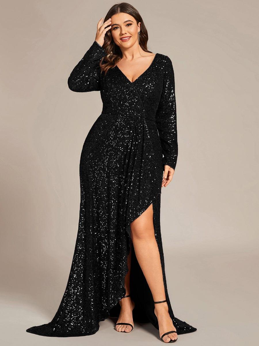 SYREN Plus Sequin V neck Long Sleeve Evening Dress