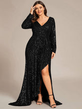 Sequin V-Neck Long Sleeve Evening Dress #color_Black