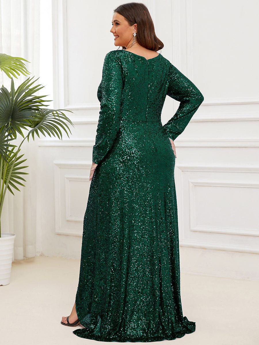 Custom Size Sequin V-neck long Sleeve Evening Dress #color_Dark Green