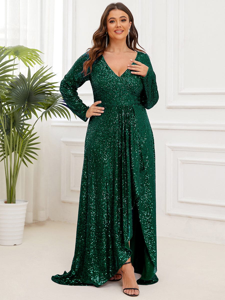 Custom Size Sequin V-neck long Sleeve Evening Dress #color_Dark Green