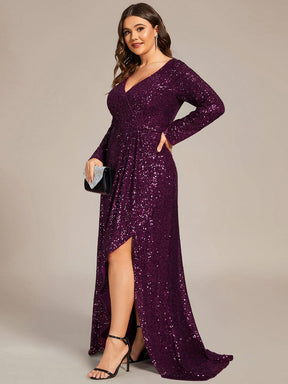 Long Sleeve V-neck Asymmetrical Hem Sequin Evening Dress