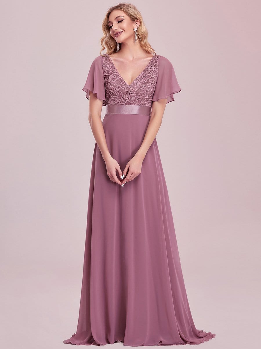 Lace Flutter Sleeve V-neck Evening Dress