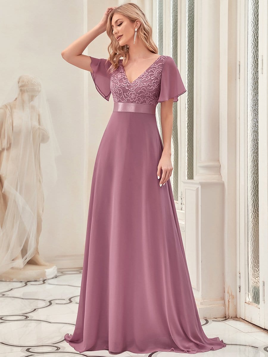 Lace Flutter Sleeve V-neck Evening Dress #color_Purple Orchid