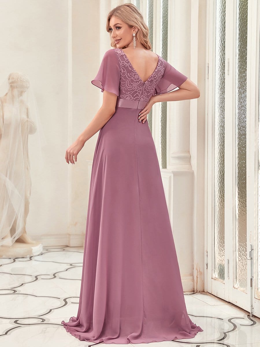 Lace Flutter Sleeve V-neck Evening Dress #color_Purple Orchid