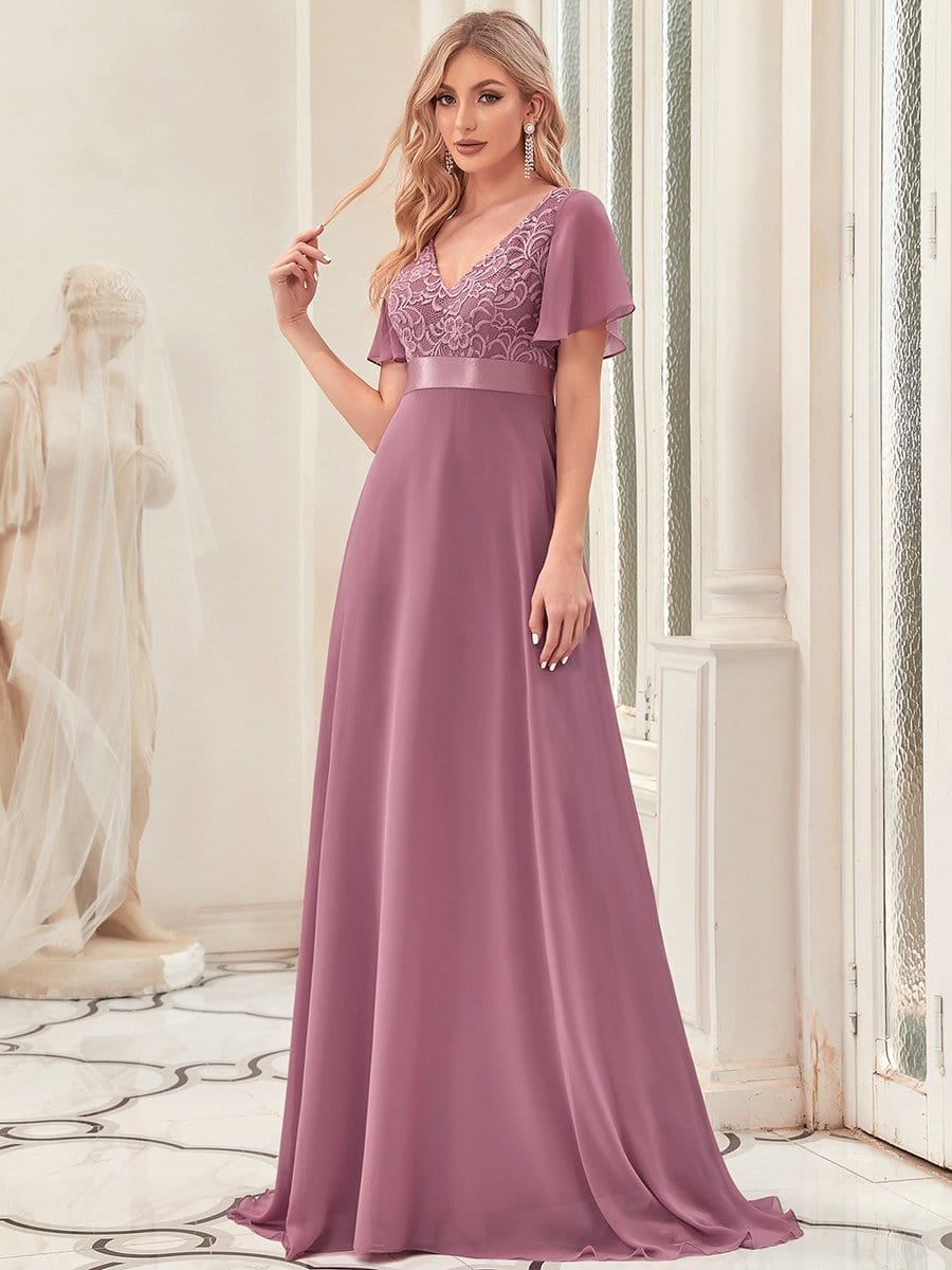 Lace Flutter Sleeve V-neck Evening Dress