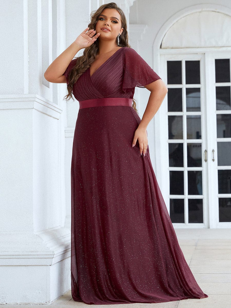 Plus Size Long Shimmery Pleated V-Neck Evening Dress with Flutter Sleeve #color_Burgundy