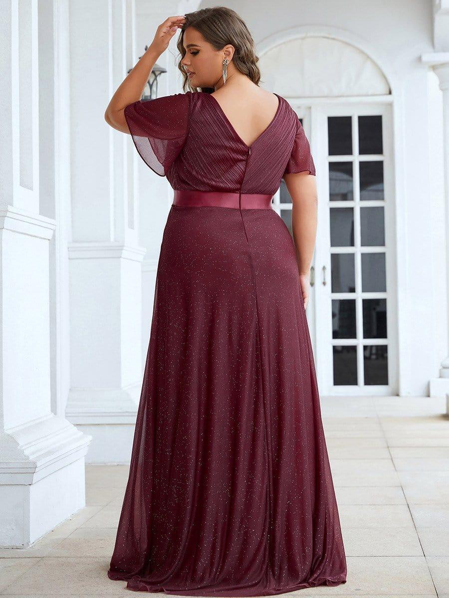 Long Shimmery Flutter Sleeve Pleated V-Neck Evening Dress #color_Burgundy