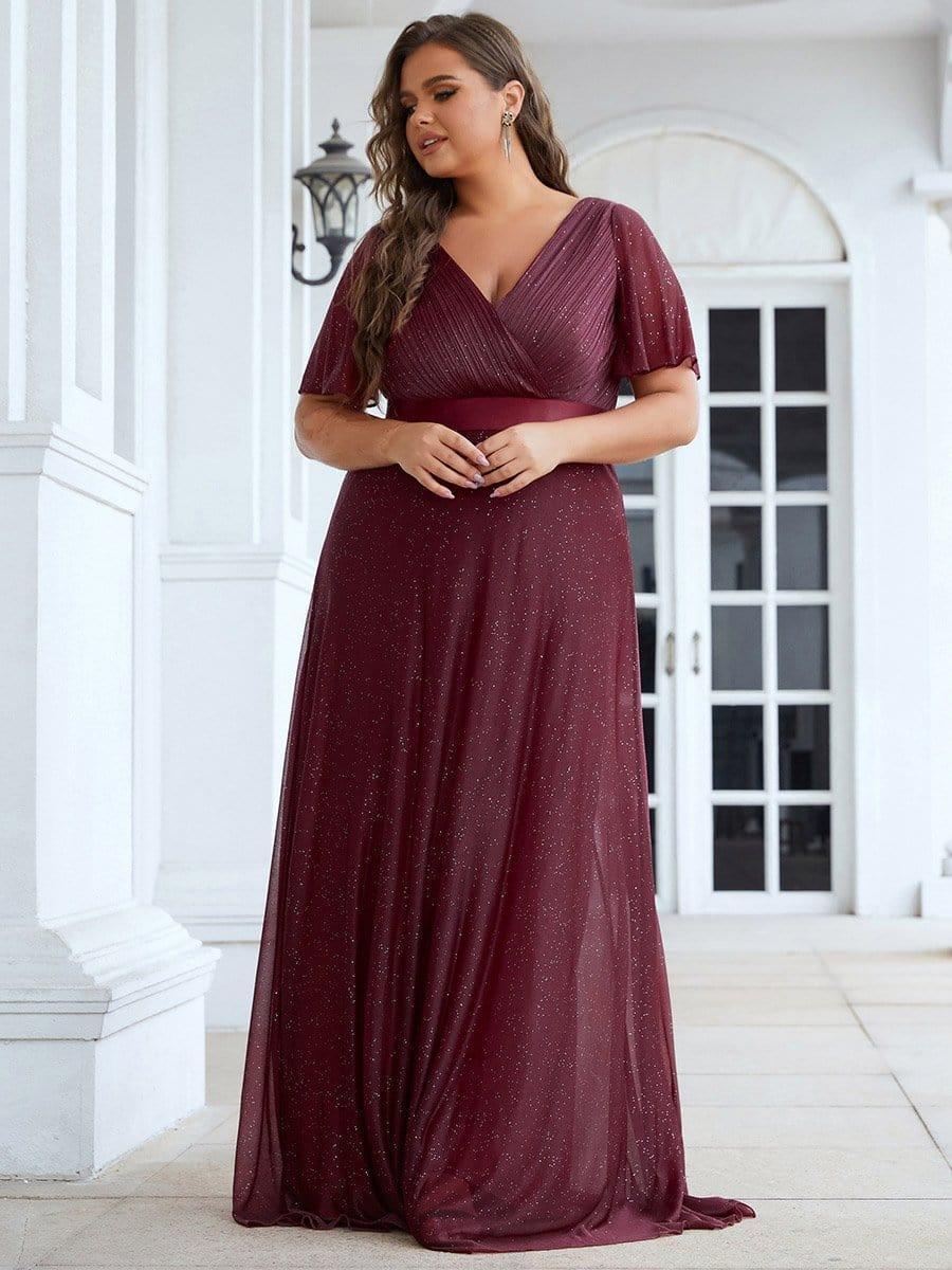 Long Shimmery Flutter Sleeve Pleated V-Neck Evening Dress #color_Burgundy