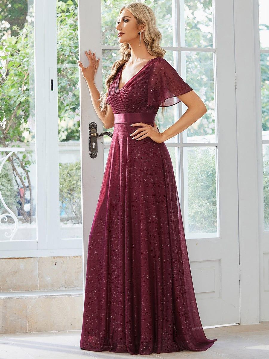 Long Shimmery Flutter Sleeve Pleated V-Neck Evening Dress #color_Burgundy