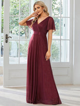 Long Shimmery Flutter Sleeve Pleated V-Neck Evening Dress #color_Burgundy