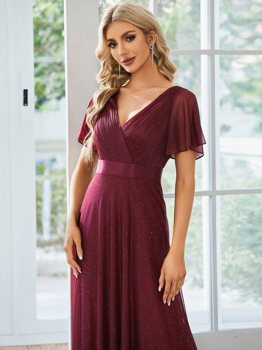 Long Shimmery Flutter Sleeve Pleated V-Neck Evening Dress #color_Burgundy