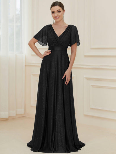 Long Shimmery Flutter Sleeve Pleated V-Neck Evening Dress #color_Black