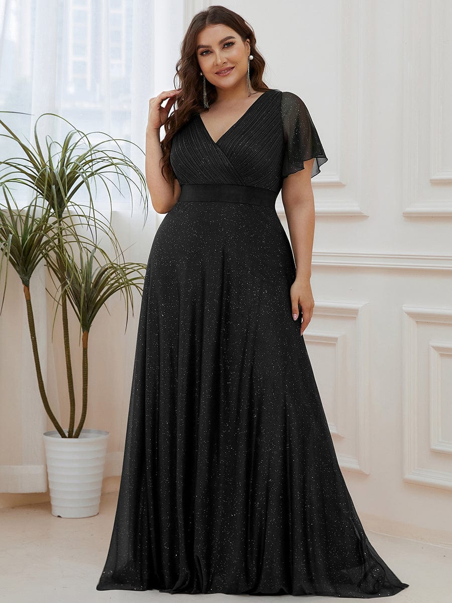 Plus Size Long Shimmery Pleated V-Neck Evening Dress with Flutter Sleeve #color_Black