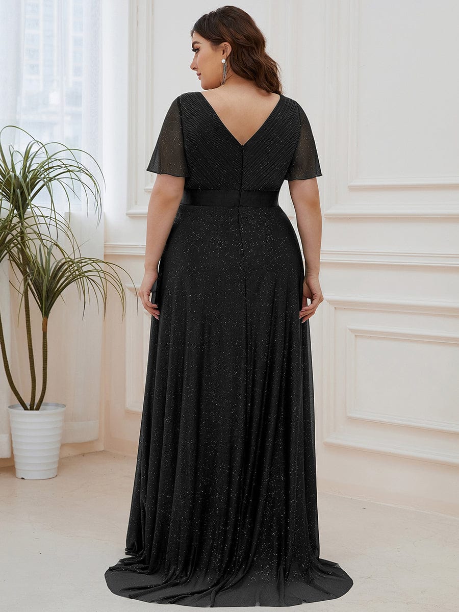 Plus Size Long Shimmery Pleated V-Neck Evening Dress with Flutter Sleeve #color_Black