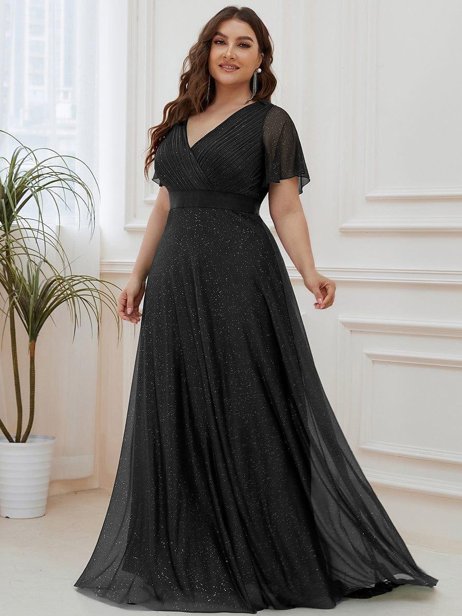 Long Shimmery Flutter Sleeve Pleated V-Neck Evening Dress #color_Black
