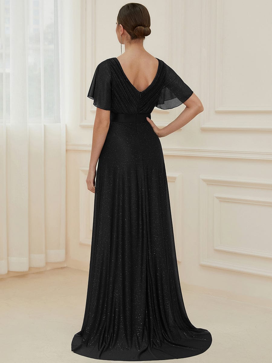 Long Shimmery Flutter Sleeve Pleated V-Neck Evening Dress #color_Black