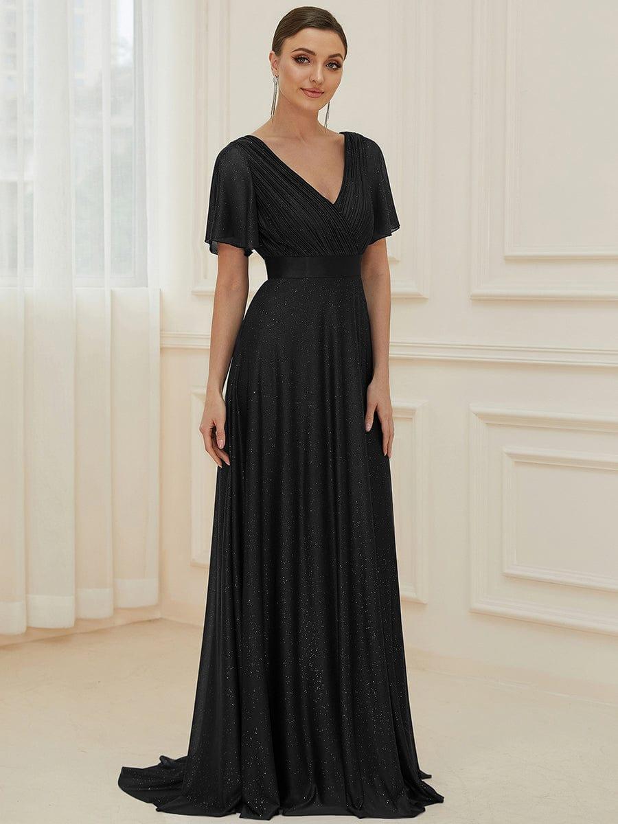 Long Shimmery Flutter Sleeve Pleated V-Neck Evening Dress #color_Black