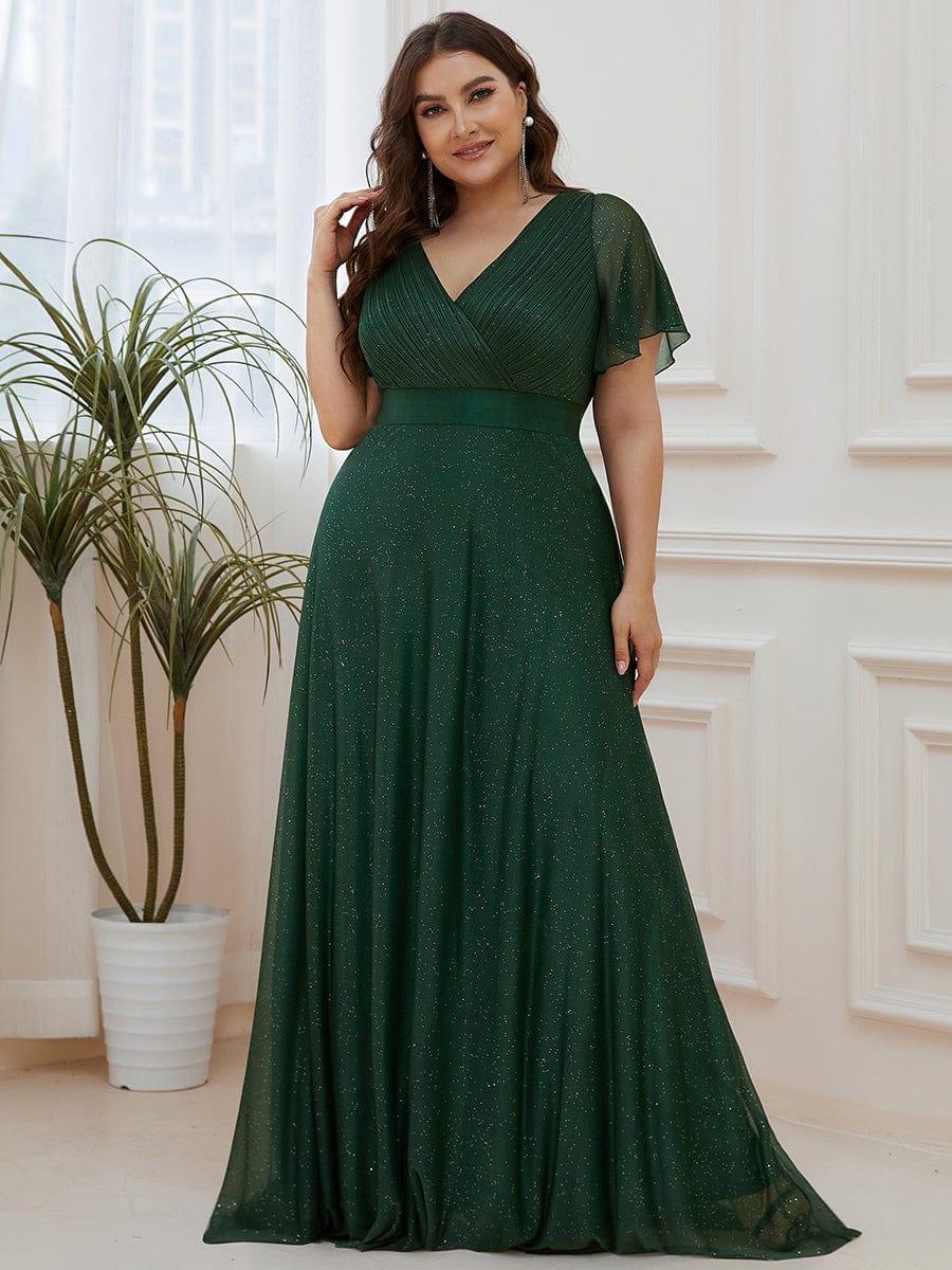 Long Shimmery Flutter Sleeve Pleated V-Neck Evening Dress #color_Dark Green