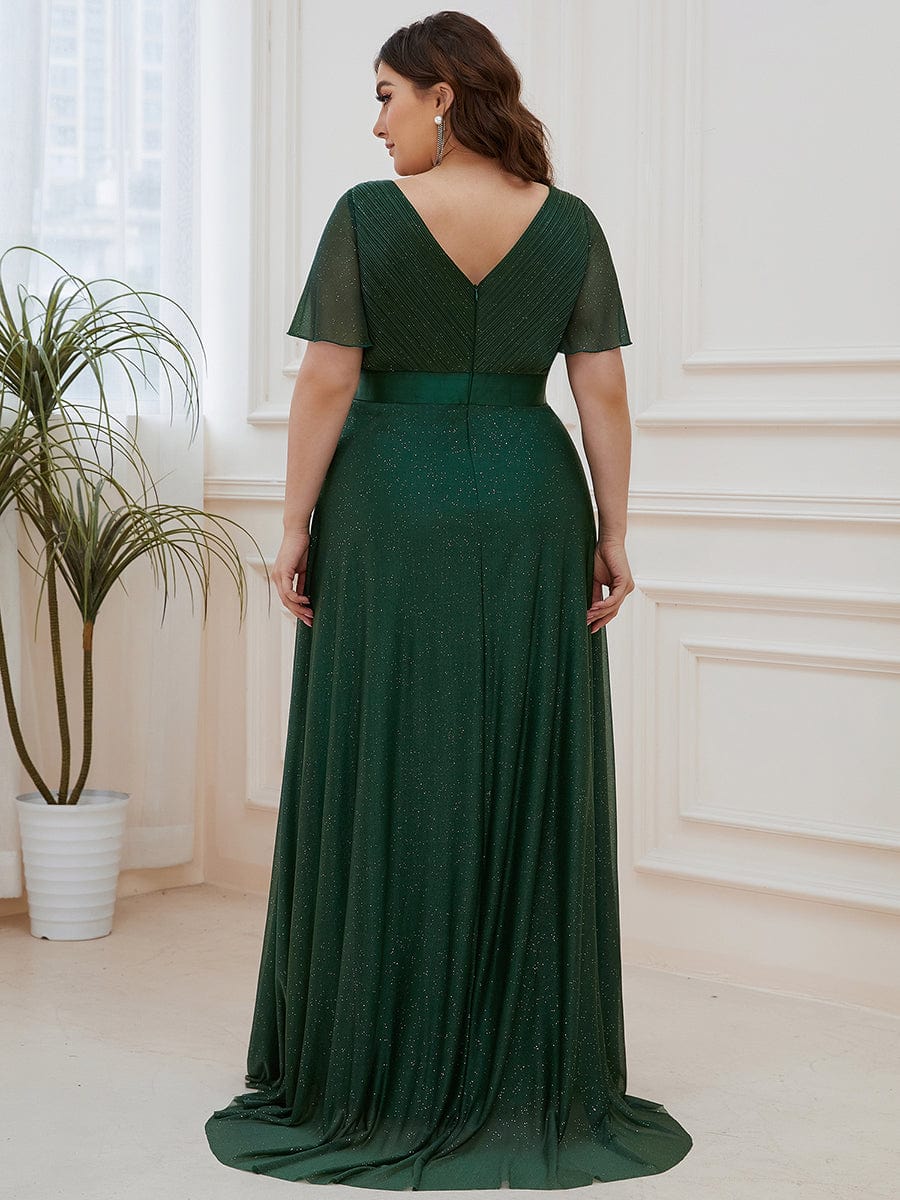 Plus Size Long Shimmery Pleated V-Neck Evening Dress with Flutter Sleeve #color_Dark Green