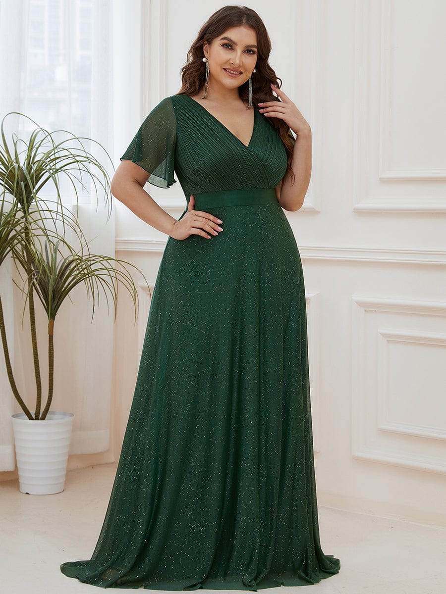 Plus Size Long Shimmery Pleated V-Neck Evening Dress with Flutter Sleeve #color_Dark Green