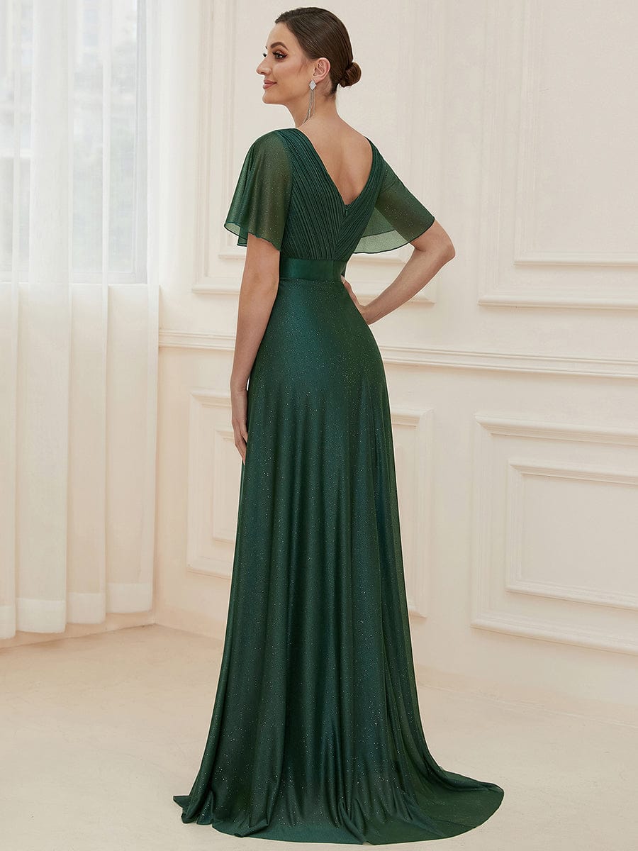 Long Shimmery Flutter Sleeve Pleated V-Neck Evening Dress #color_Dark Green