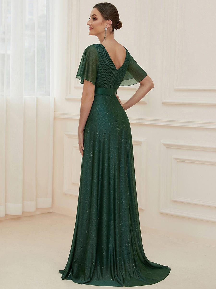 Long Shimmery Flutter Sleeve Pleated V-Neck Evening Dress #color_Dark Green