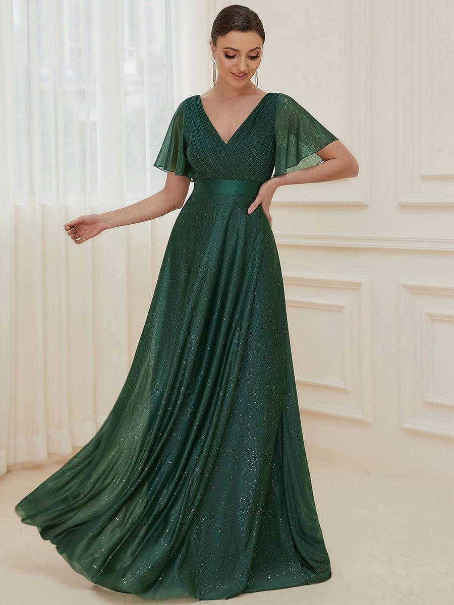 Long Shimmery Flutter Sleeve Pleated V-Neck Evening Dress #color_Dark Green