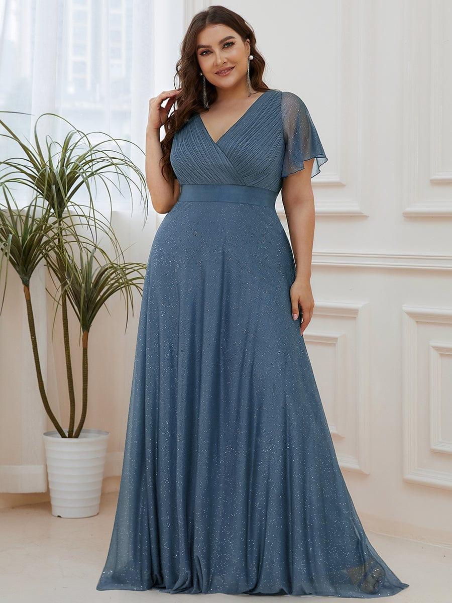 Long Shimmery Flutter Sleeve Pleated V-Neck Evening Dress #color_Dusty Blue