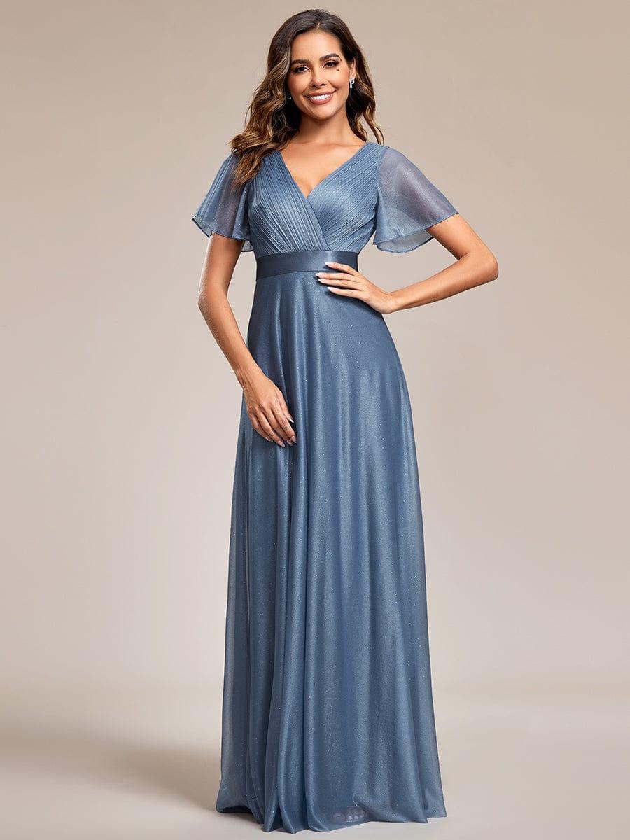 Long Shimmery Flutter Sleeve Pleated V-Neck Evening Dress #color_Dusty Blue