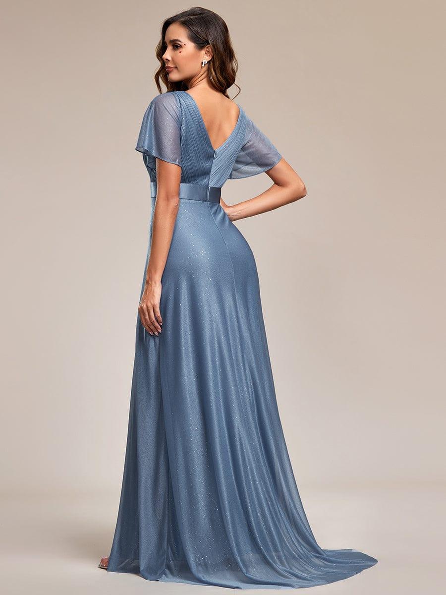 Long Shimmery Flutter Sleeve Pleated V-Neck Evening Dress #color_Dusty Blue