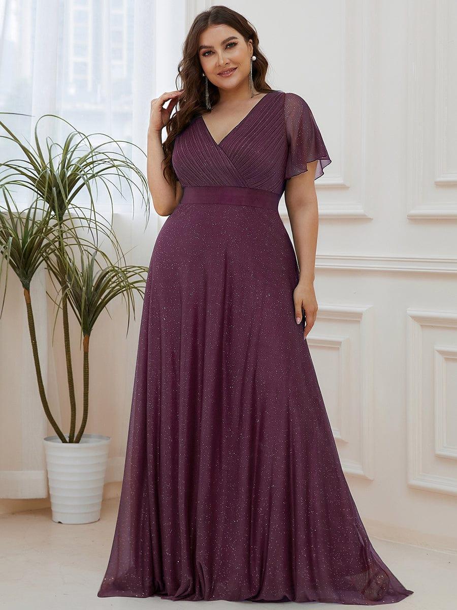 Long Shimmery Flutter Sleeve Pleated V-Neck Evening Dress #color_Dark Purple