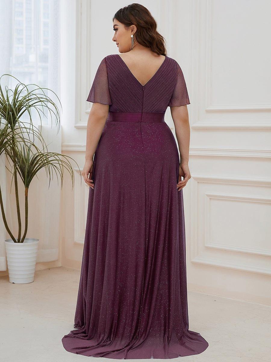Long Shimmery Flutter Sleeve Pleated V-Neck Evening Dress #color_Dark Purple