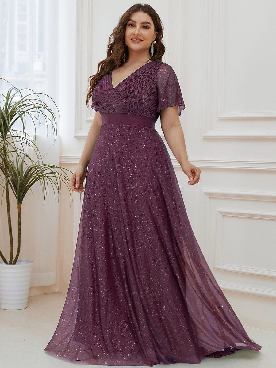 Plus Size Long Shimmery Pleated V-Neck Evening Dress with Flutter Sleeve
