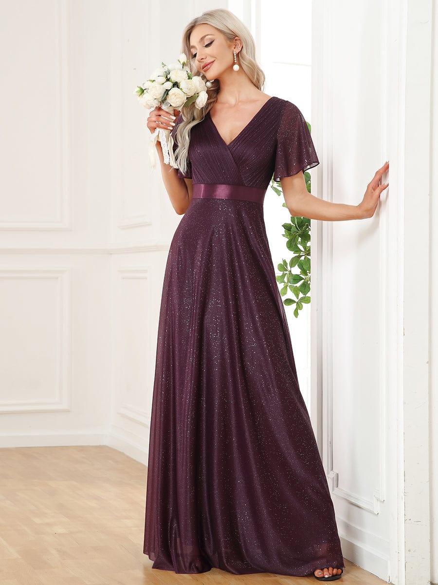 Long Shimmery Flutter Sleeve Pleated V-Neck Evening Dress #color_Dark Purple