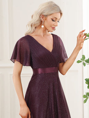 Long Shimmery Flutter Sleeve Pleated V-Neck Evening Dress