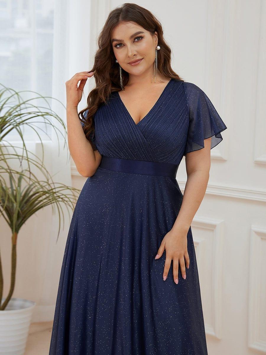 Long Shimmery Flutter Sleeve Pleated V-Neck Evening Dress #color_Navy Blue